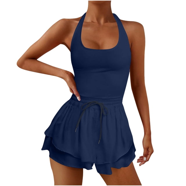 Mrat Combinaisons de Course pour Femmes Sans Manches une-Pièce Robes de Tennis Athlétiques Robe Courte d'Entraînement Combinaisons d'Exercice avec Shorts Intégrés S-67 Bleu Foncé TTG