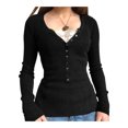 thumbnail image 2 of Gupgi Women Slim Pullover Button Front Knit Tops Long Sleeve Lace Patchwork T-Shirts, 2 of 8