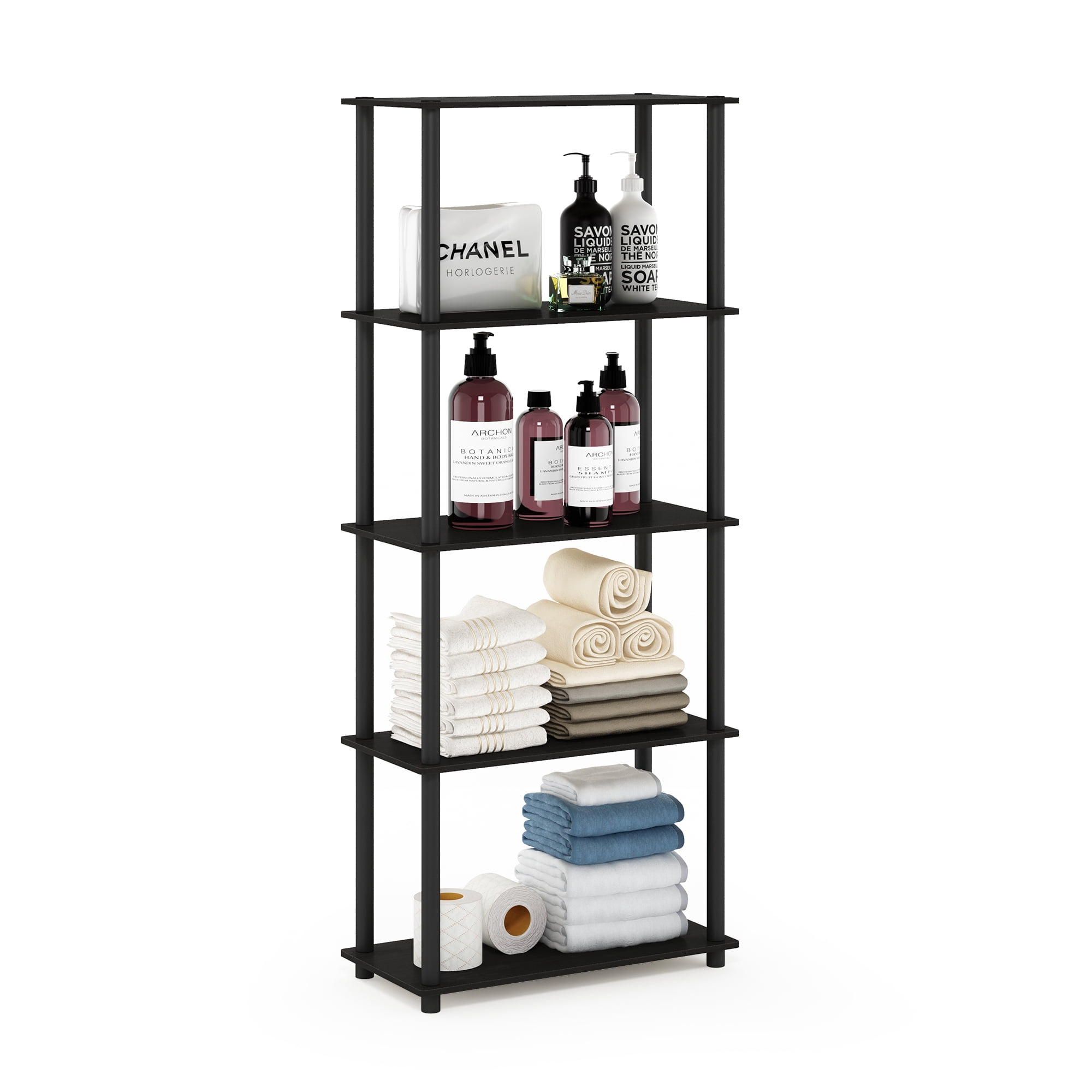 Furinno Turn-N-Tube Toolless Assembly 5-Tier Storage Shelves, Black Book Shelf, Open Storage Bookshelf, for Organization and Storage, Living Room, Home Office, Bedroom, Black Espresso