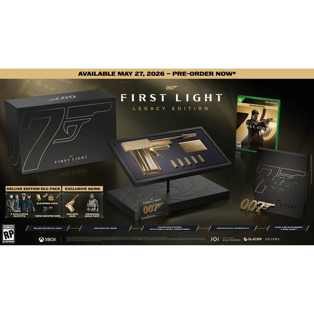 007 First Light - Legacy Edition (Xbox Series X) collector's set featuring a matte black box with gold 007 logo, a golden gun figurine with stand and bullets, a steel case with magnet, and the Xbox game case, including exclusive DLC outfits, weapon skins, and certificate of authenticity.