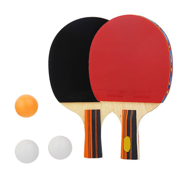 EGNMCR Indoor 2 Player Table Tennis Racket 2PCS Paddle 3Balls Set featuring two table tennis paddles with ergonomic flared handles and a rubber surface for superior control. Includes three balls and a storage pouch. The paddles have a five-layer pure wood blade with double-sided high-elastic inverted rubber for enhanced performance. The set is multicoloured and suitable for indoor use, ideal for family activities or casual games.