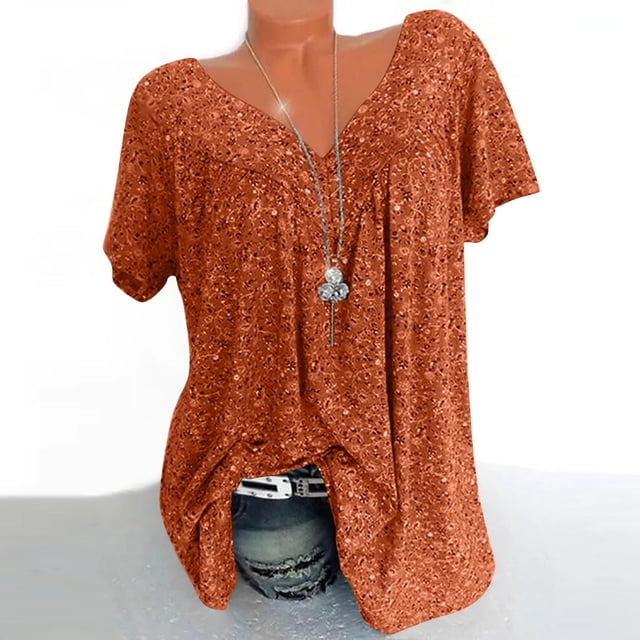 EGNMCR T-Shirts pour Femmes Femmes Grande Taille Manches Courtes Col en V Blouse à Imprimé Chandail Hauts Manches Courtes Blouses
