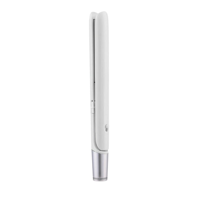 Mini Dual Purpose Curling Iron, a compact and portable USB rechargeable travel curling iron with a sleek white design. This ceramic hair styling tool features 2-in-1 functionality for straight and curly hair, a 3D floating heating panel for even heat distribution, and compatibility with USB/Type-C power sources, making it travel-friendly.