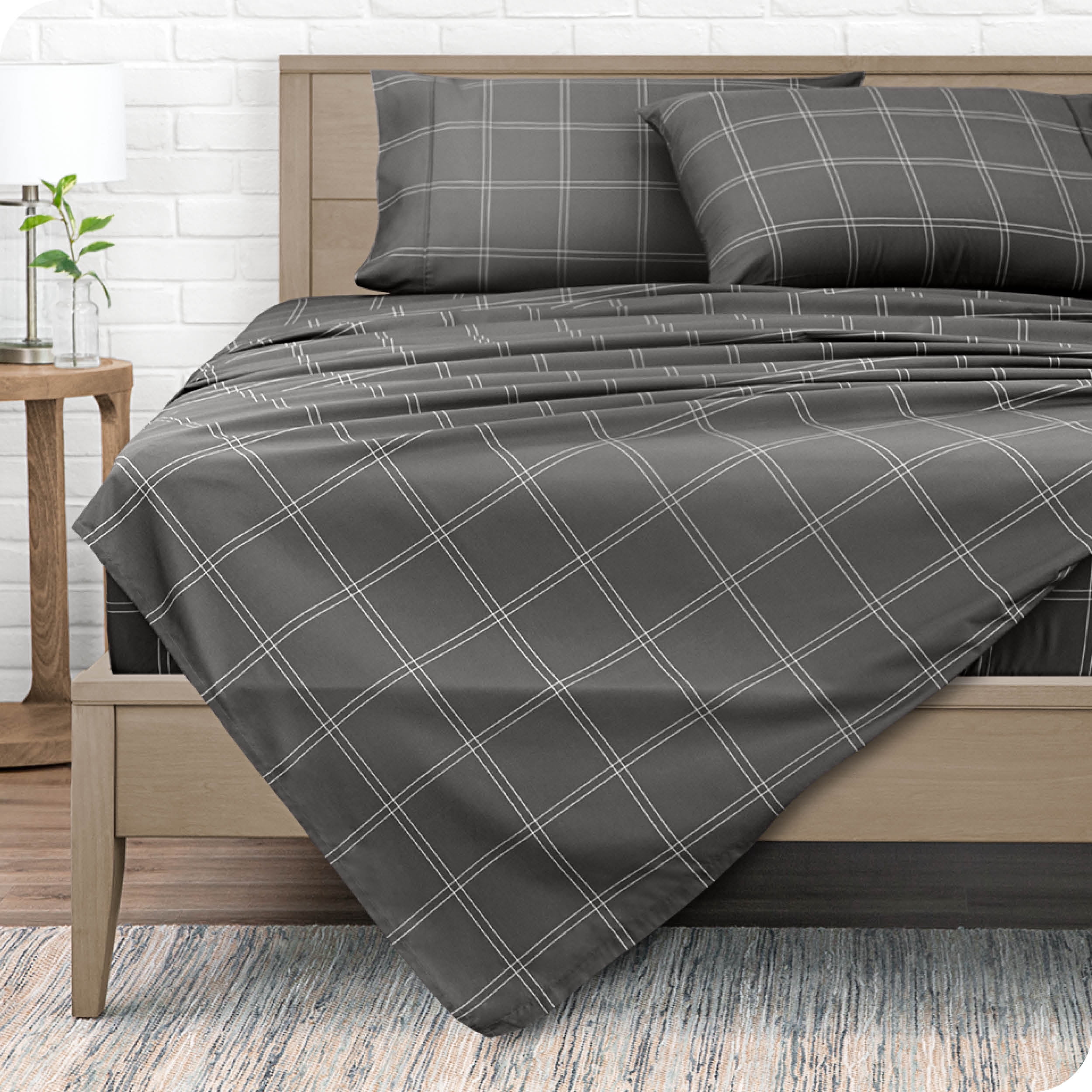 Bare Home Ultra-Soft Sheet Set - Premium 1800 Collection - Deep Pockets - 4-Pieces - Queen, Modern Plaid - Gray/White