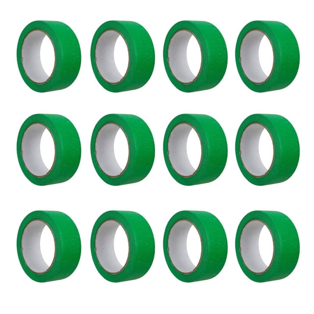 ACTION-1 Professional Quality Green Masking Tape, Pack of 12, showing twelve green rolls of painter's tape arranged in three rows of four on a white background, each roll measuring 1.18 inches by 32.8 yards, designed for medium adhesion up to 8 days and easy removal without residue, suitable for use on glass, wood, metal, and other surfaces for clean paint lines.