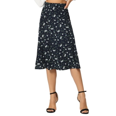 Unique Bargains Women's Peasant Elastic Waist A-Line Midi Leave Print Skirt Blue White XS