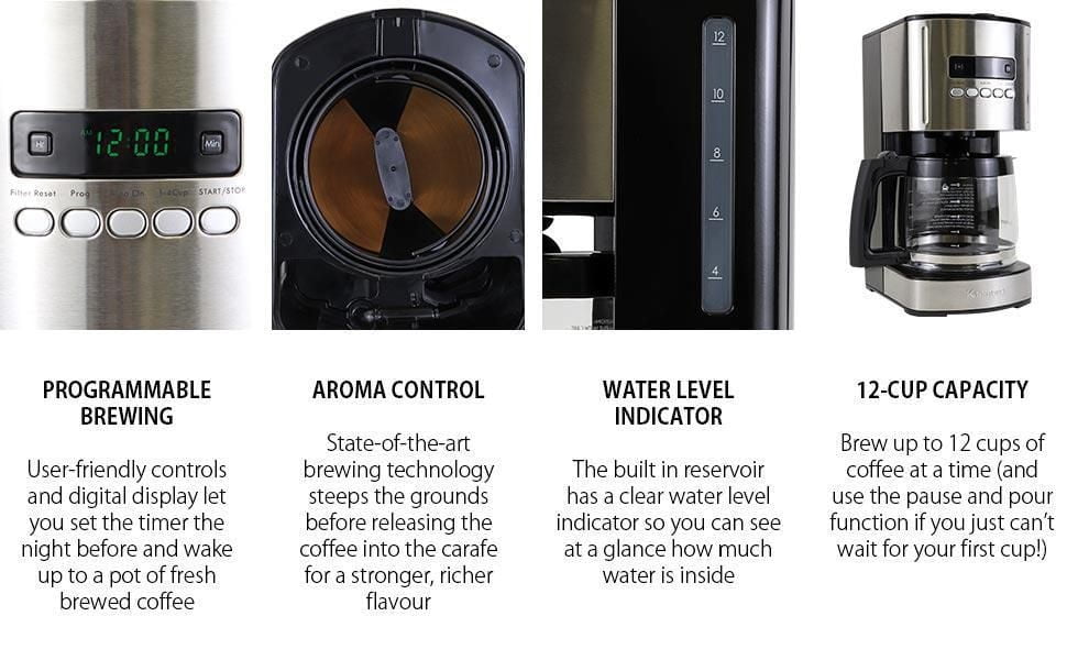 Kenmore Programmable 12-Cup Coffee Maker, Stainless & Black, Auto Brew & Keep Warm Functions