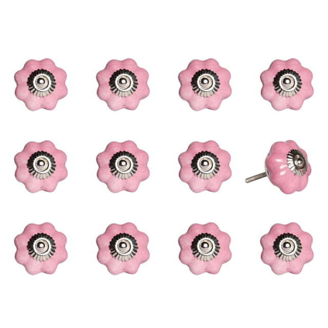KNOB-IT vintage handpainted ceramic knobs 12-pack featuring pink flower-shaped cabinet hardware with silver metal centers and adjustable 1.25-inch bolts, arranged in rows on white background, ideal for updating drawers and cupboards with easy installation.