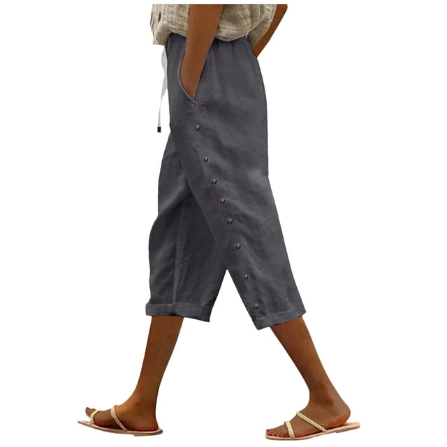 Womens Casual Pants Elastic Waist Solid Color Loose Side Button Decoration Versatile Capris Dark Gray L