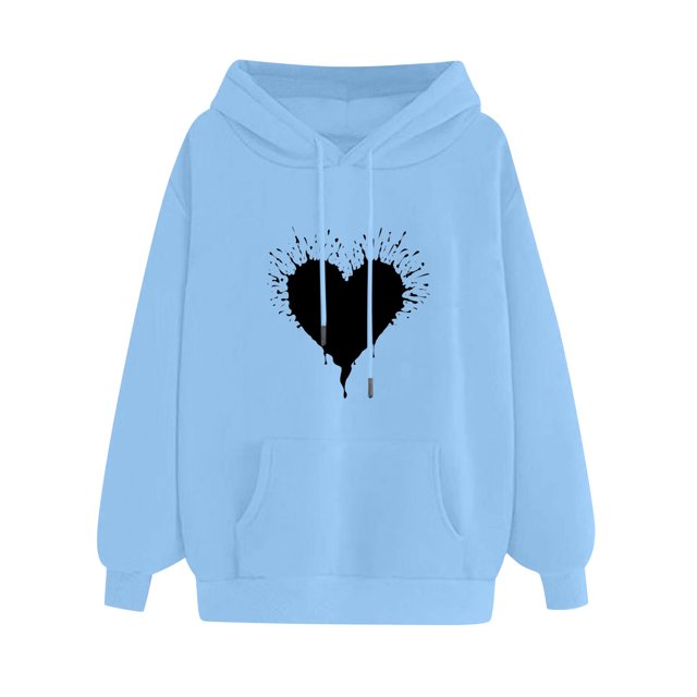 Pompotops Chandail Confortable pour Femmes Motif Cœur Imprimé Chandail à Capuche pour Femmes avec Poche et Cordon Liquidation