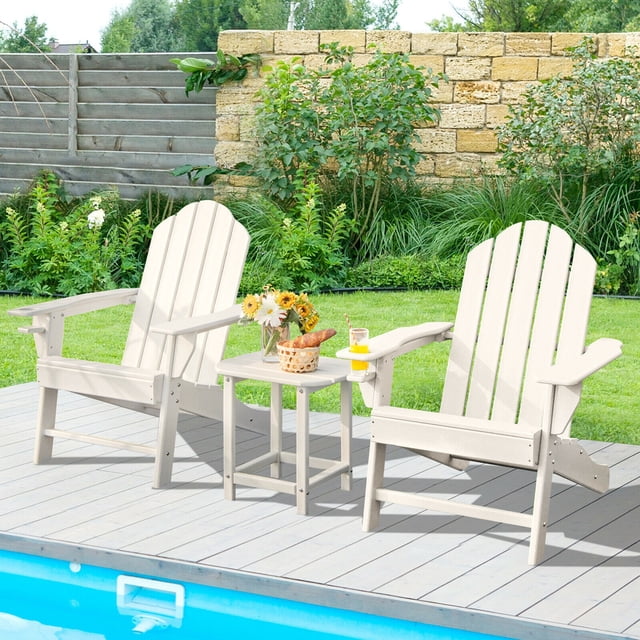 Gymax 3PC Patio Folding Adirondack Chair Side Table Cup Holder Poolside White
