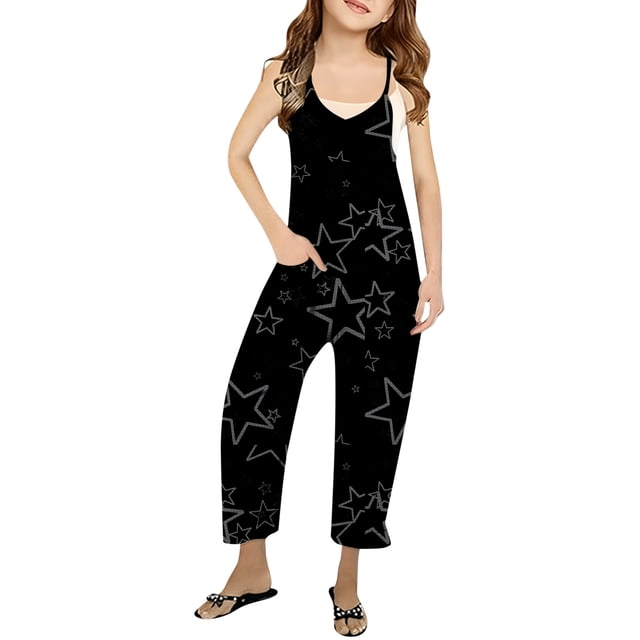 Girls Romper Star Print Summer Rompers for Girls Sleeveless Rompers with Pockets Outfits for Girls 11-12 Y