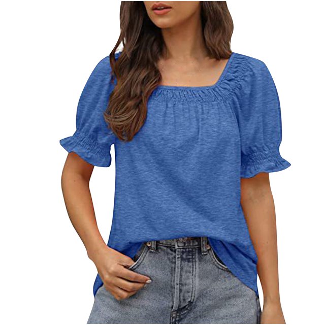 Hauts Blouses Décontractés pour Femmes à Couleur Unie, à Encolure Carrée, à Manches Courtes