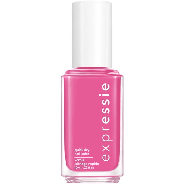 essie expessie quick-dry nail polish in bright pink with a white cap, quick drying formula in a 10ml bottle, featuring a patented angled brush for easy application, suitable for fast nail color touch-ups