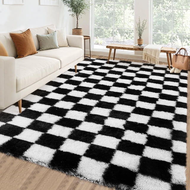Checkered Area Rug 9x12 Fluffy Rug Checkered – Large Plush Rug for Bedroom, Ultra Soft Non-Slip Fluffy Carpet for Living Room – Modern Indoor Floor Rug