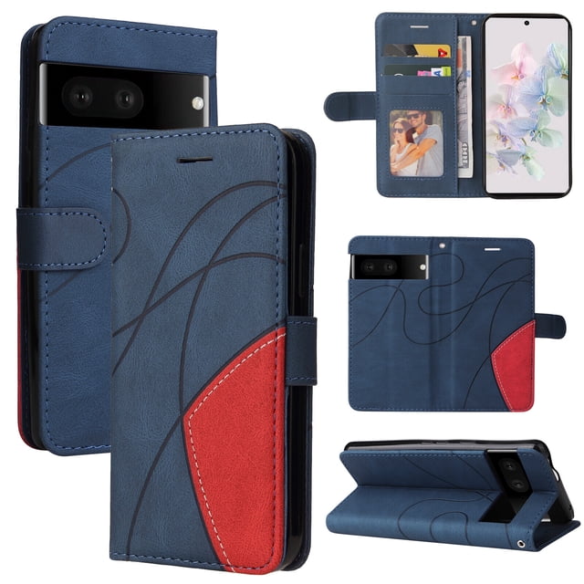 Compatible Google Pixel 7 5G Case, Leather Wallet Case Stand View Magnetic Clasp Book Flip Folio Phone Cover - Blue