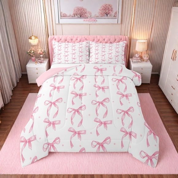 Erosebridal Girls Pink Bow Full Comforter Set,Bowknot Princess Bedding Set for Kids Girls Room Decor,Cute Pink Bows Quilt Set Aesthetic Ribbon Bow Tie Bed Comf