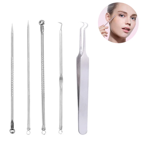 Ensemble de 5 Pcs pour Éliminer les Points Noirs et les Imperfections, Trousse d'Élimination des Points Blancs d'Acné, Outil Extracteur de Boutons, avec Pinces, pour Visage Front Nez