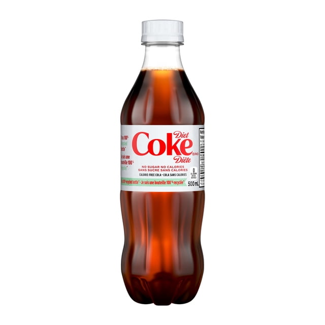 Diet Coke Bottle, 500 mL, front-facing clear plastic bottle filled with dark brown sparkling cola, white label featuring red Diet Coke logo and bilingual text highlighting zero sugar and zero calories, white screw cap, suitable for chilled refreshment or enjoying with meals.