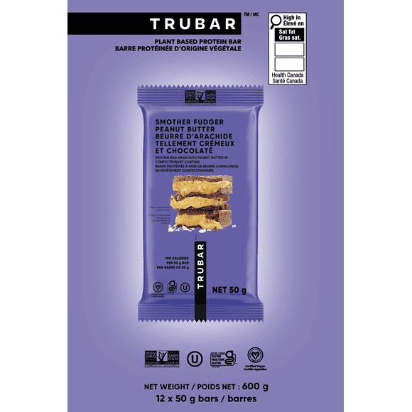 TRUBAR Smother Fudger Peanut Butter Vegan Protein Bars, 12x50g, 14g Fibre, Gluten Free, No Dairy or Soy, Non-GMO, 190 Calories