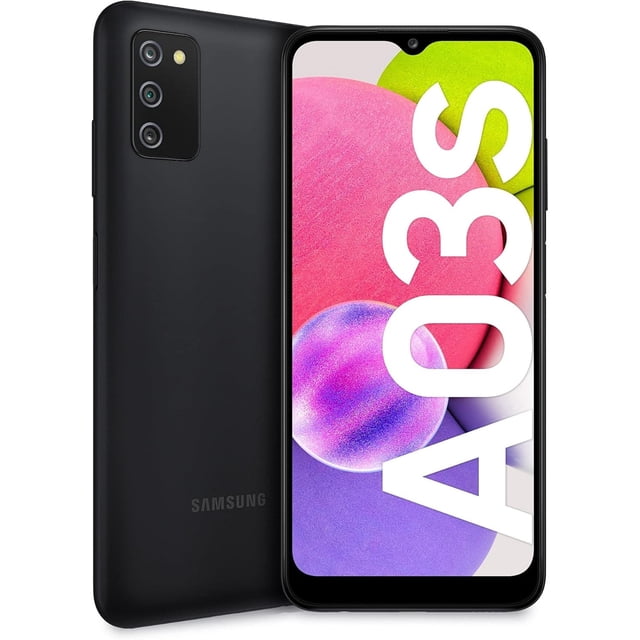 Refurbished Samsung Galaxy A03s 4G smartphone in black, featuring a 6.5-inch PLS LCD display and a triple rear camera setup with a 13MP wide lens, 2MP macro, and 2MP depth sensors. The front showcases a 5MP selfie camera. This fully unlocked device offers 32GB internal storage, expandable via microSDXC, and is powered by the MediaTek Helio P35 chipset with Android 12. It includes a 5000mAh battery with 15W fast charging and a side-mounted fingerprint sensor. Lightweight design with a glass front and plastic back.