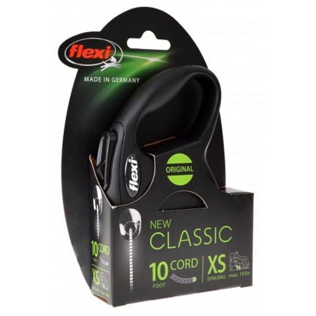 Flexi New Classic Cord Retractable Dog Leash 5m/16ft in black with ergonomic handle and comfortable braking system, displayed in original black and green packaging showing 10-foot cord length and extra small size for dogs up to 18 lbs, made in Germany.