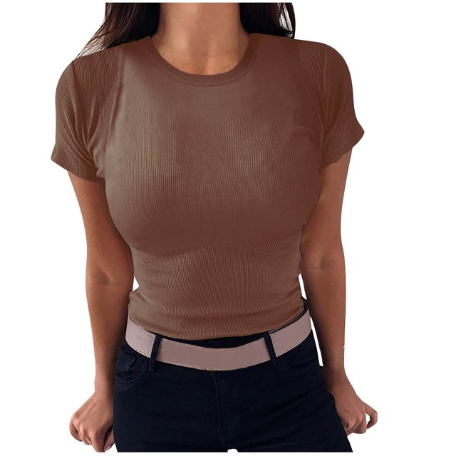AherBiu Ribbed Tops pour Femmes Été Col Rond Tricoté Manches Courtes Extensible Coupe Ajustée Hauts de Sortie T-Shirts Chemises