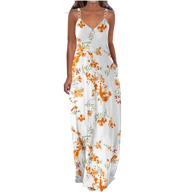 CEHVOM Robes d'Été pour Femmes Décontractées Boho Imprimées à Bretelles Anneau Plage Longue Robe Maxi avec Poches