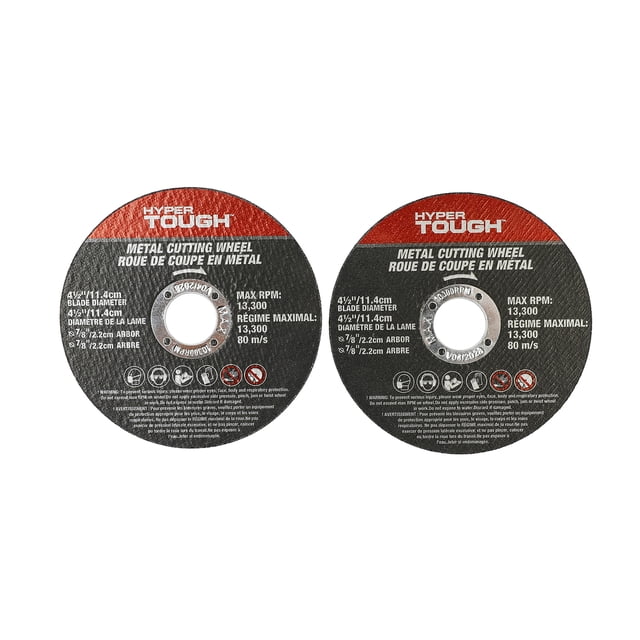 Hyper Tough 2-Pack Aluminum Oxide Metal Cutting Wheels with two 4-1/2-inch diameter discs and 7/8-inch arbor, rated for max 13,300 RPM, designed as angle grinder accessories for metal cutting, featuring safety icons and bilingual text on white background.