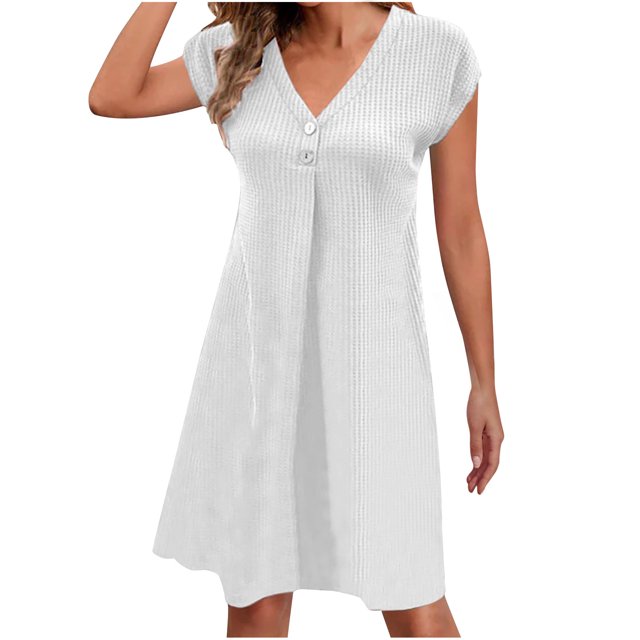 Fshaion Robe d'Été pour Femmes 2024 Grande Taille Col en V Décontractée à Boutons Manches Courtes Mini-Robe Liquidation à Moins de 10!