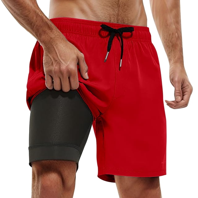 HXWCHs Stretch Men's Beachwear Board Shorts with Inner Compression Liner and Pocketed Design for Swim Trunks featuring Inseam Comfort and Quick-Dry Fabric XXL Red