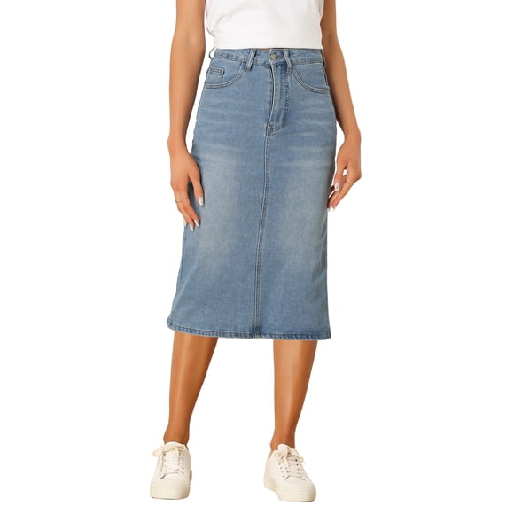 INSPIRE CHIC Women's Denim Skirts High Waist Zipped Split Back Midi Jean Skirts with Pockets Light Blue M
