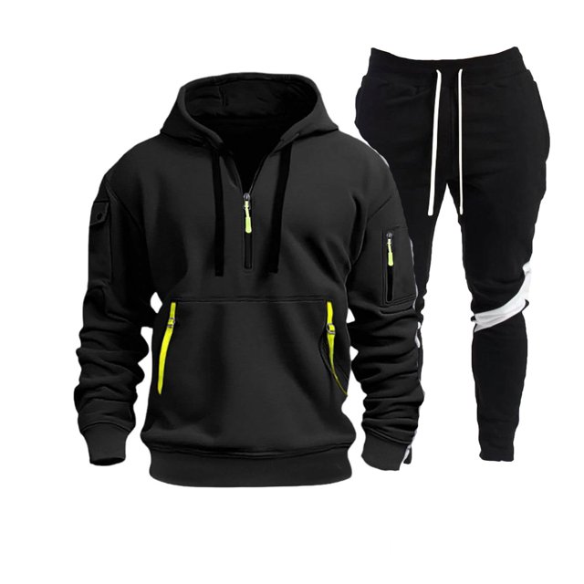 Ketyyh-chn99 Sweat Suits for Men Set 2 Pcs Hoodie Jogger Sweatsuits Men's Sports Two Piece Solid Color Multipocket Half Zipper Hooded Sweater Color Matching Waist Casual Pants Size for 2XL,Black