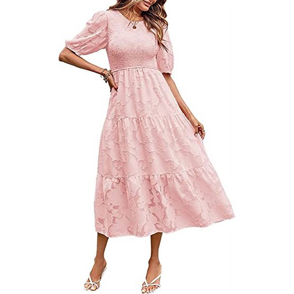 Robe d'Été 2023 pour Femmes à Manches Bouffantes, Smockée, à Fleurs, Col Ras du Cou, en Dentelle, Midi, Robes Décontractées pour Femmes