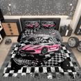 thumbnail image 2 of Erosebridal Ensembles de Couette Voiture de Sport Rose Format Simple pour Filles, Couettes et Duvets Drapeau de Course Automobile, Noir Rose Gris, Réversible 2 Pcs, 2 of 7
