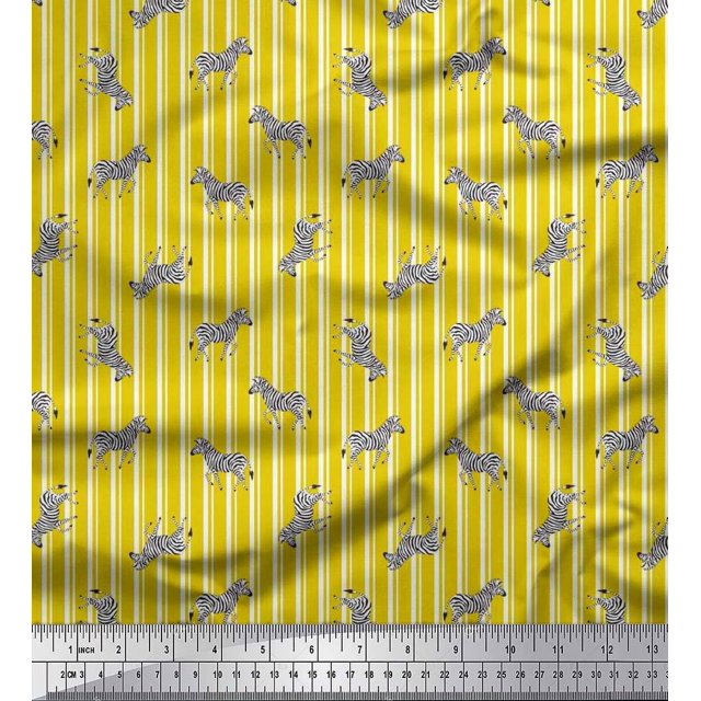 Soimoi Yellow Poly Georgette Fabric Stripe & Wild Animal Fabric Prints by Yard 42 Inch Wide