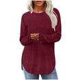 thumbnail image 1 of Lenpel T-Shirts pour Femmes, Mode d'Automne, Manches Longues, Col Ras du Cou, Fente Latérale, Ourlet Arrondi, Tunique en Tricot Côtelé, Hauts, T-Shirts Doux et Décontractés (Vin, XX-Grand), 1 of 6
