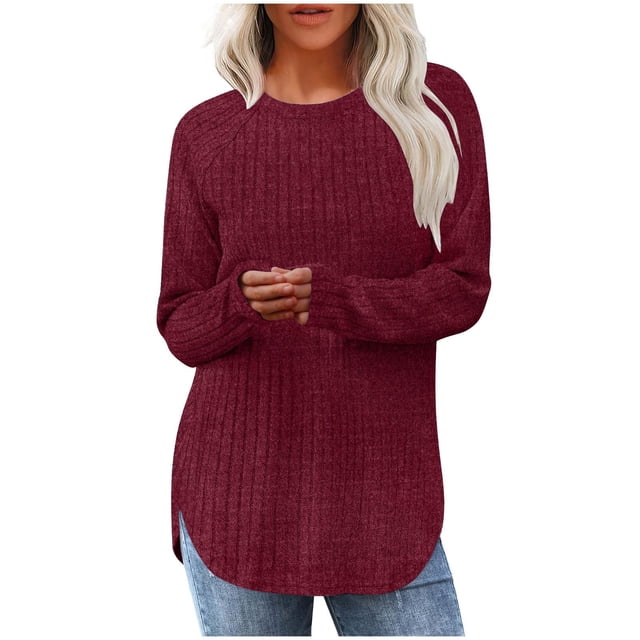Lenpel T-Shirts pour Femmes, Mode d'Automne, Manches Longues, Col Ras du Cou, Fente Latérale, Ourlet Arrondi, Tunique en Tricot Côtelé, Hauts, T-Shirts Doux et Décontractés (Vin, XX-Grand)