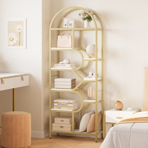 BeesClover Or blanc 6-Tier Bibliothèque Etagere avec cadre en métal arqué, bibliothèque indépendante moderne Tall pour salon, chambre, bureau – Étagère ouverte avec montage facile