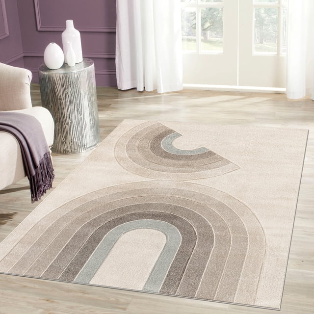 LaDole Rugs 3x5 ft Modern Premium Area Runner Rug in beige and blue with a geometric arch pattern. The rug features a soft, durable texture with an anti-slip jute backing, ideal for entryways, hallways, or home offices. Displayed in a bright indoor setting with light wood flooring and modern decor.