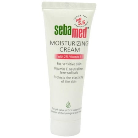 Seba Med Moisturising Cream 50ml in a white tube with green and red branding. The cream is enriched with 2% vitamin E to neutralize free radicals, protect skin elasticity, and prevent premature aging. Designed for sensitive skin, it maintains a pH value of 5.5 for optimal skin health.