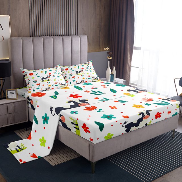 YST Milk Cow Sheet Set Kawaii Animal Queen Bed Sheets Set For Girls Kids Cute Flower Animal Bed Set, Rustic Farm Animal Sheets Botanical Flower Pattern 3D Top Fitted Sheet 4 Pieces