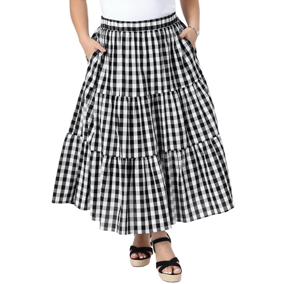 Agnes Orinda Women's Plus Size Plaid Skirts 1950s Gingham Tiered Layer Flowy Maxi Summer Casual A Line Skirts with Pockets 3X Black