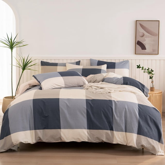 Plaid Duvet Cover King, 3 Pieces Reversible Cotton Plaid Bedding Set, Vintage Style Checkered Pattern King Duvet Cover Set Plaid, with Zipper Closure, Luxury Soft Breathable Comfy (Plaid, King)