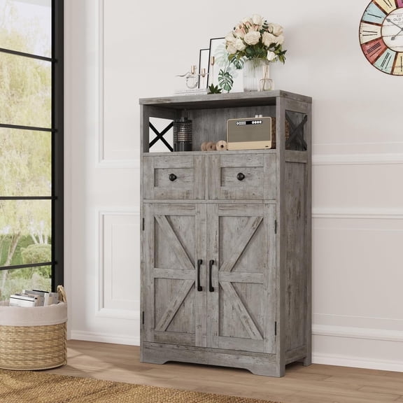 VEANERWOOD Farmhouse Storage Cabinet with Doors and Drawers, Freestanding Kitchen Pantry Cabinet Sideboard, Grey