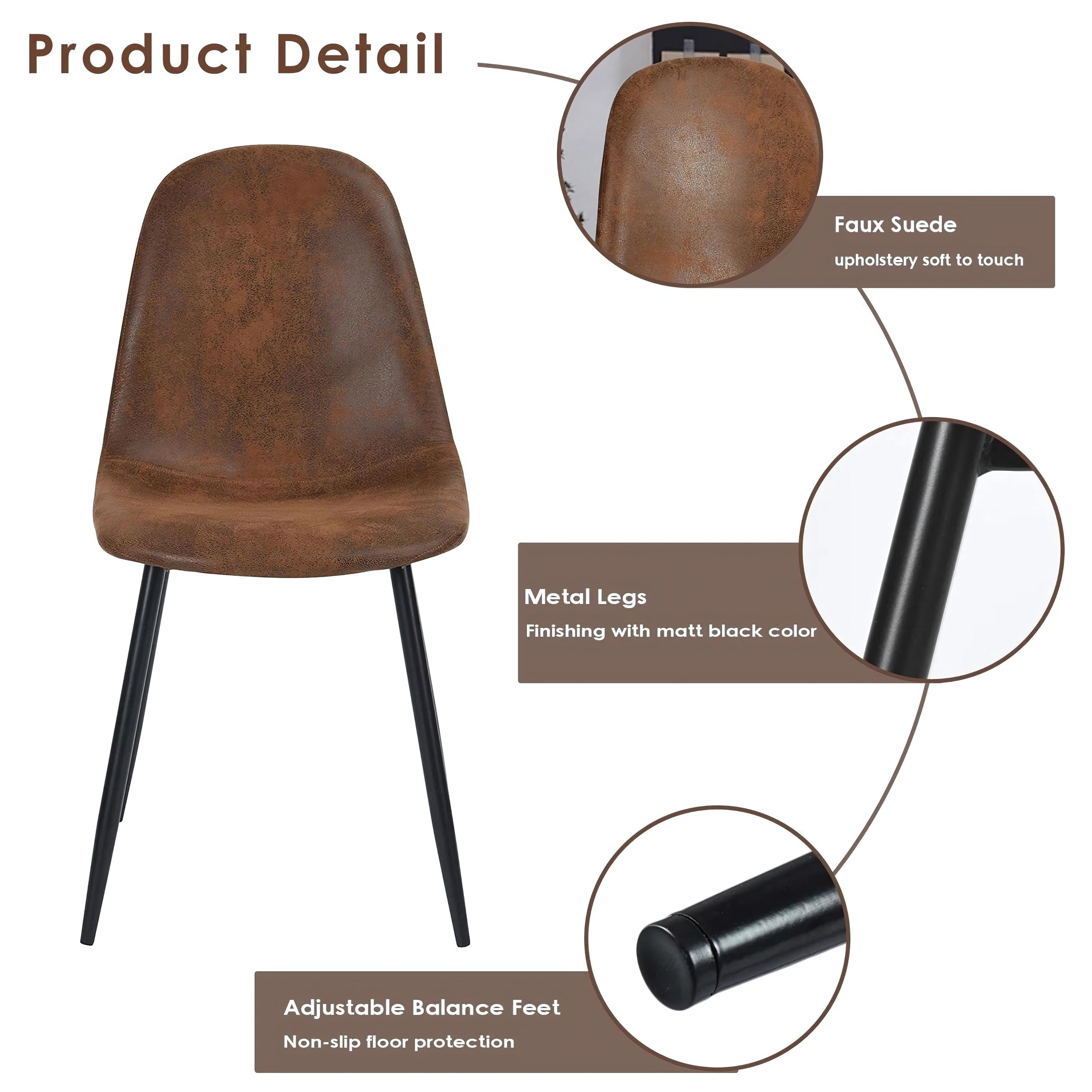 Homy Casa Kitchen Dining Chairs Set of 4, Brown Faux Suede Café Chairs with Metal Legs