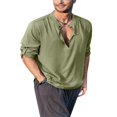 thumbnail image 2 of Men‘s Henley Shirt  Solid Color Long Sleeve Stand Collar Button-Down Loose Simple Linen Beach Tops, 2 of 6