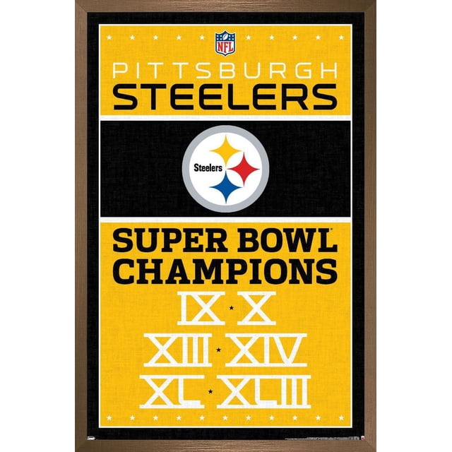 NFL Pittsburgh Steelers - Affiche Murale Champions 13, 22,375 Po x 34 Po Présentant une Oeuvre Murale Encadrée avec Fond Jaune et Noir, le logo des Pittsburgh Steelers et un Texte Audacieux Énumérant les Chiffres Romains du Super Bowl championship IX, x, XIII, XIV, TG et XLIII, Convient à la Décoration Intérieure et aux Chambres de Fans.