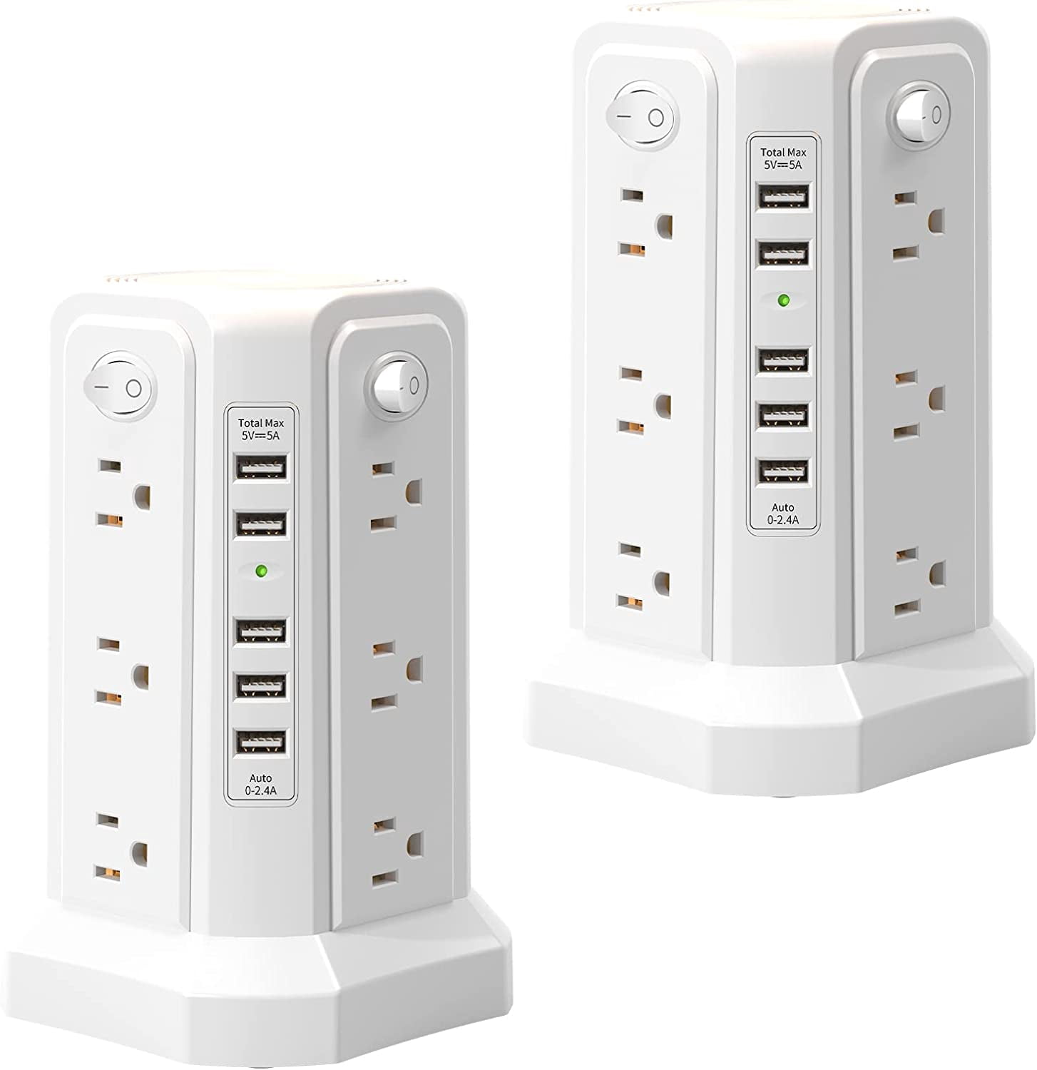 GHSDFBB 2PC Surge Protector Power Strip Tower with Night Light, 12 Wide Outlets with 5 USB Charging Ports, 10FT Extension Cord, Flat Plug, Desk Charging Station for Home Office White