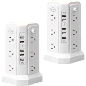 GHSDFBB 2PC Tour de la bande de puissance du protecteur de surpression avec lumière de nuit, 12 Larges sorties avec 5 USB Ports chargés, 10FT Rallonge, prise plate, station de recharge de bureau pour le bureau d'intérieur blanc